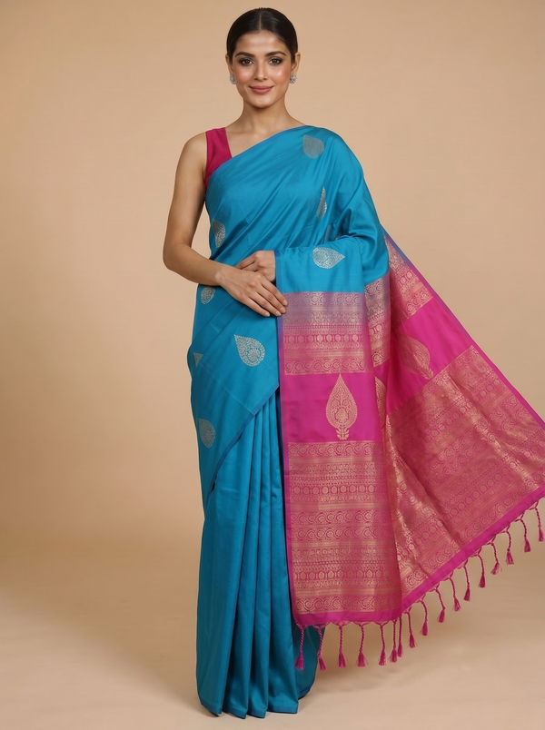 Sky Blue with Pink - Kanchi Semi Silk Saree