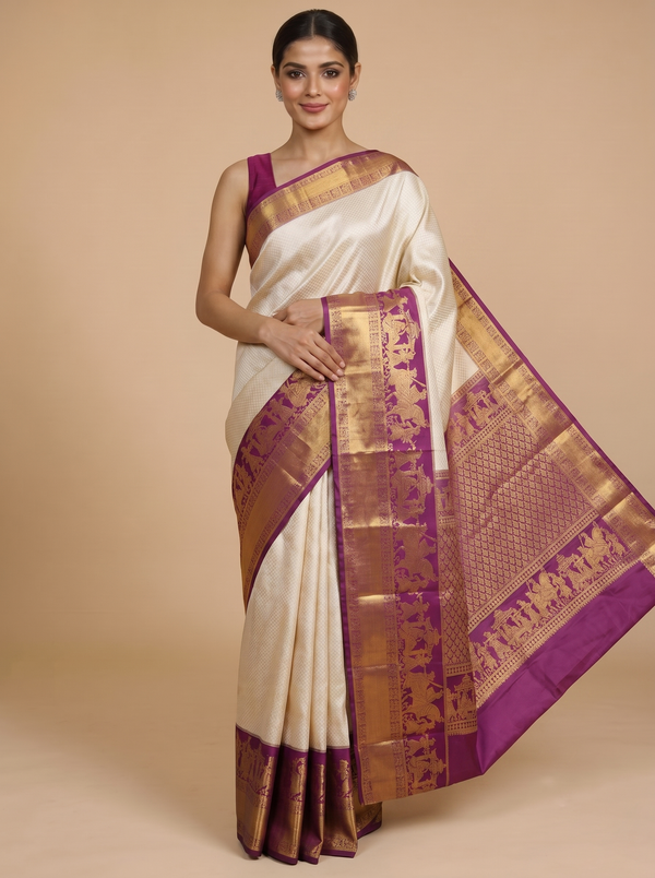 Off-White and Magenta Kanchipuram Fancy Silk Saree