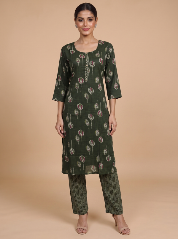 Olive Green Printed Cotton Kurti Set