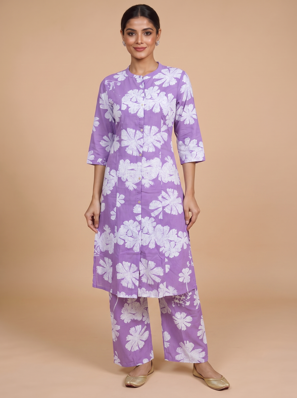 Lavender Floral Cotton 2 piece Kurti Set
