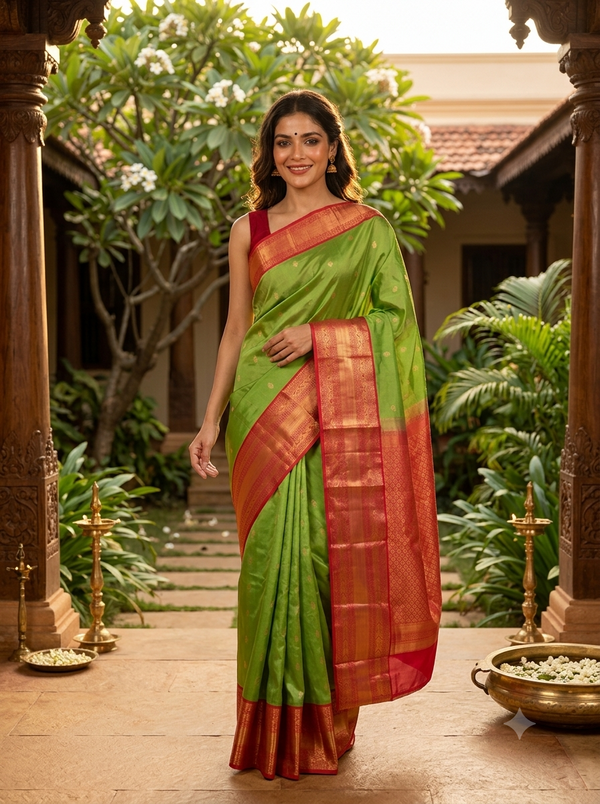 Light Green with Crimson Red - Pure Kanchipuram Silk Saree