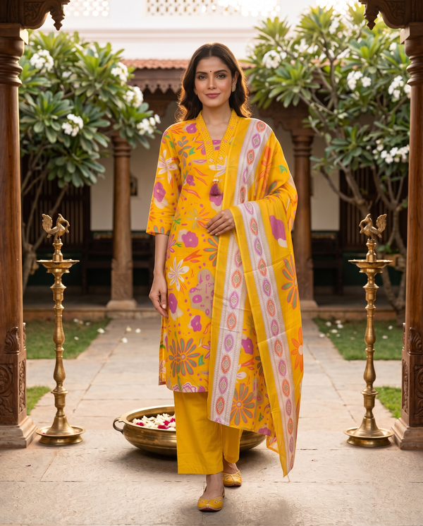 Bright Yellow with Yellow Printed Dupatta Anarkali Kurti Set