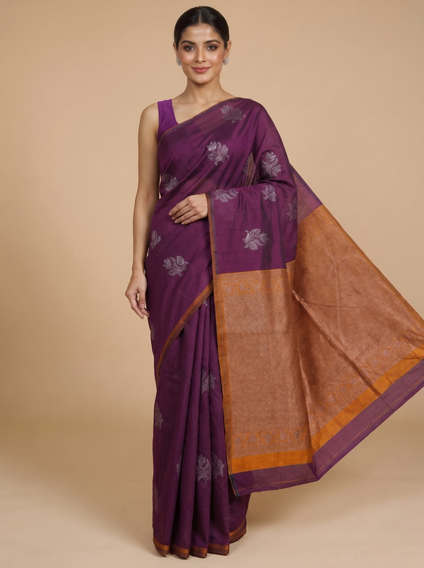 Wine Purple and Mustard-Orange Silk Cotton Saree