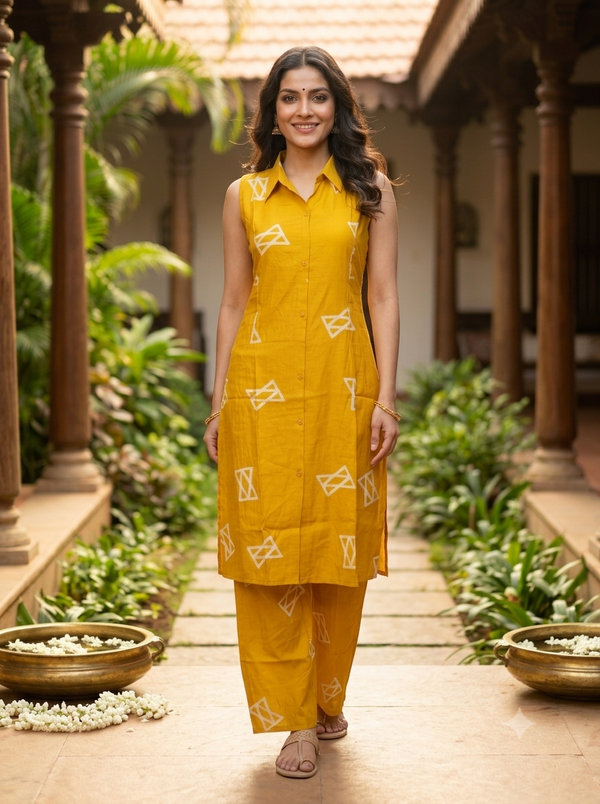 Mustard Yellow Geometric Print Cotton Co-ord Set Kurti Set
