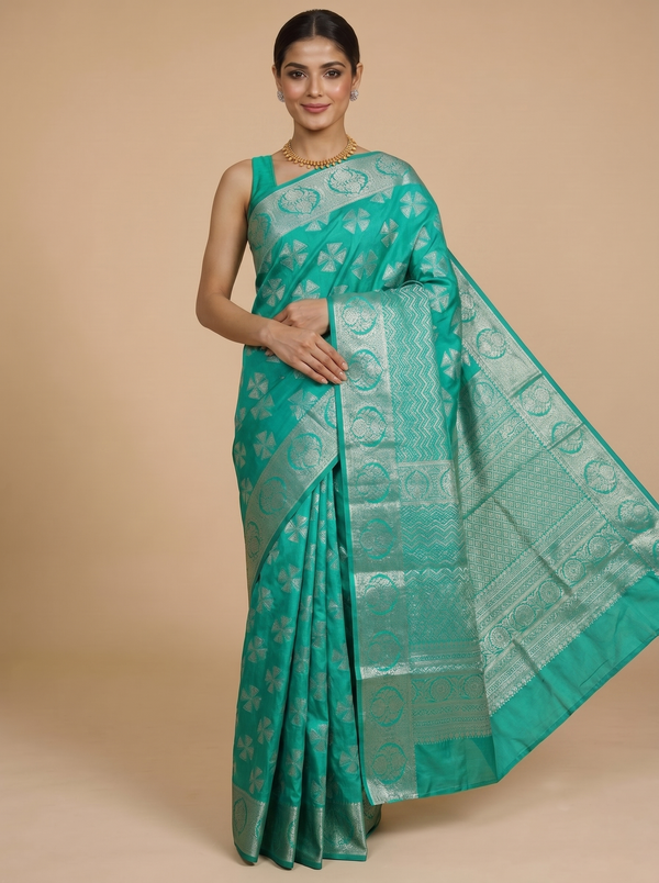 Sea Green with Silver Zari- Semi Tussar Saree