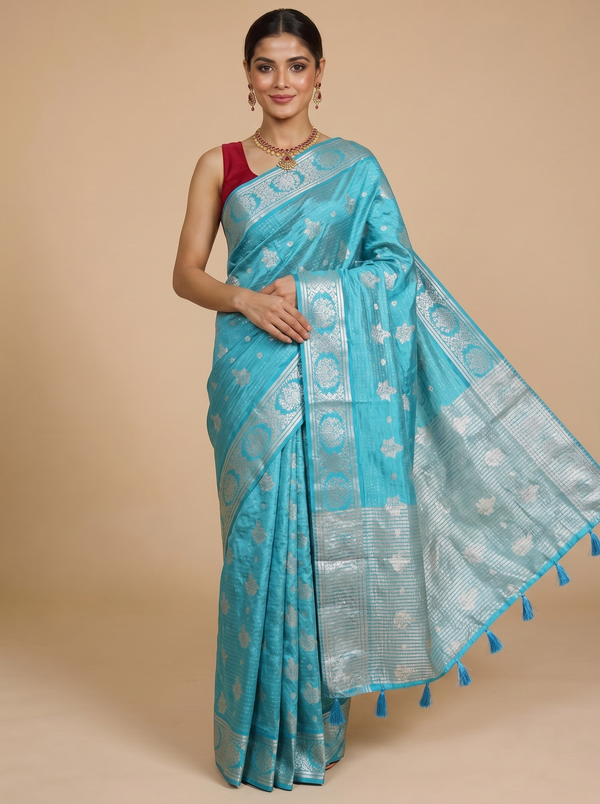 Turquoise Blue with Silver - Semi Tussar Saree