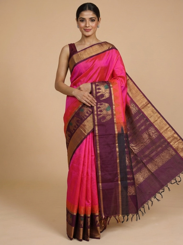 Exquisite Rani Pink and Deep Wine Handloom pure Silk cotton Saree