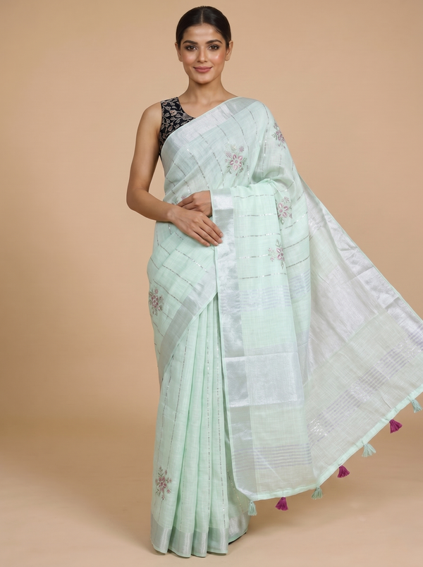 Mint Green with Light Silver Pallu - Linen Cotton Saree
