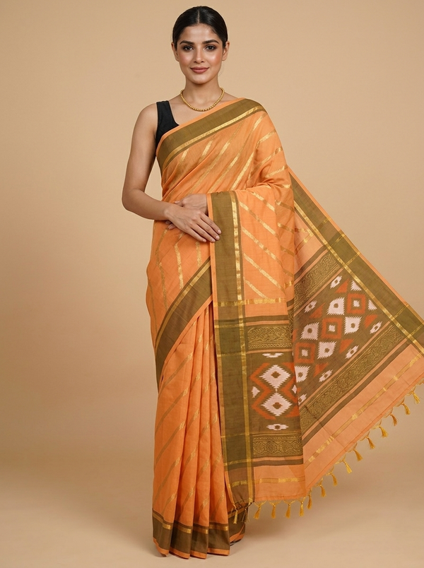 Mustard Yellow with Olive Green Pallu - Pochampalli Cotton Saree