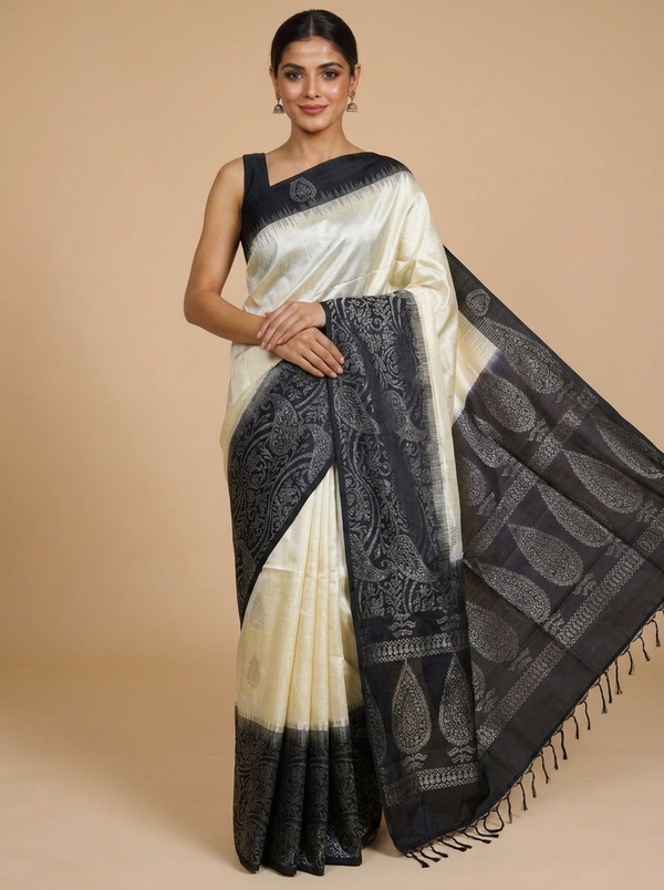 Cream and Black Pure Soft Silk Saree