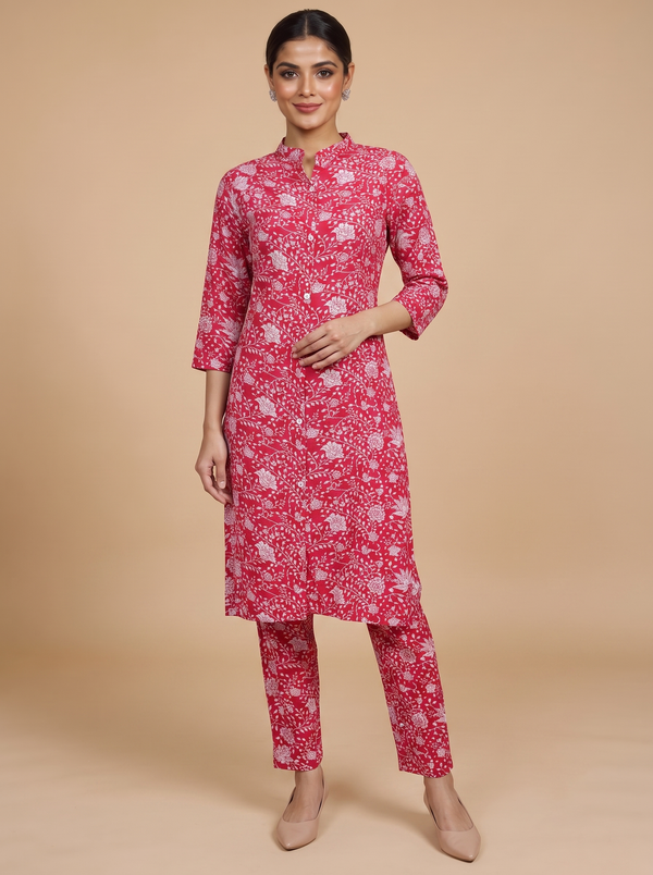 Red Floral Print Cotton 2 piece Kurti Set