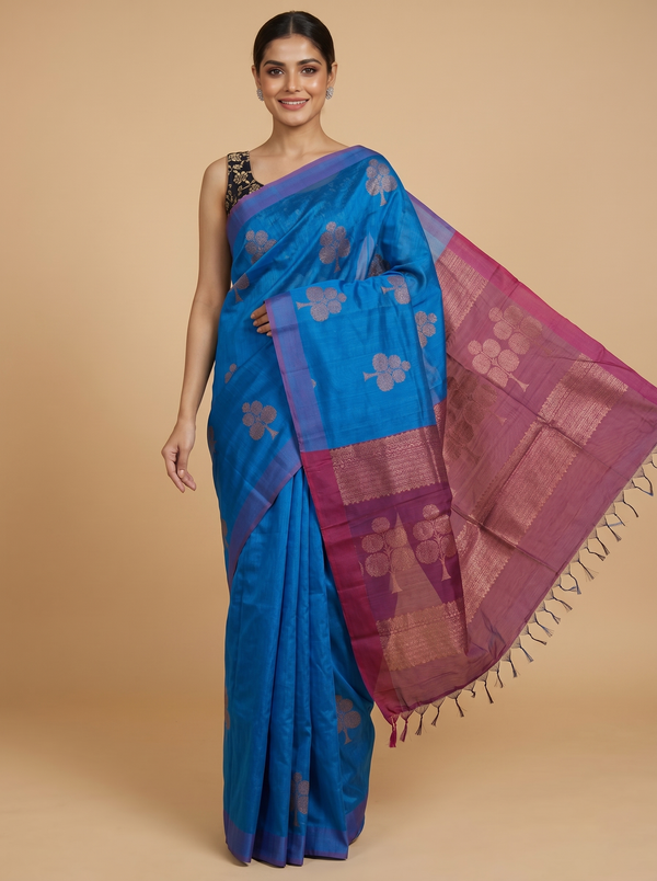 Royal Blue and Magenta Silk Cotton Saree