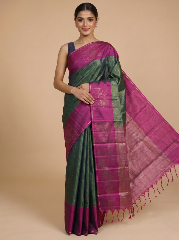 Bottle Green with Magenta Pink Pure Kanjivaram silk saree
