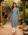 Grey Blue Cotton Zari Embroidered Kurti Top