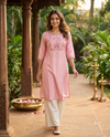 Rose Pink Floral Embroidered Chanderi Silk Kurti Top