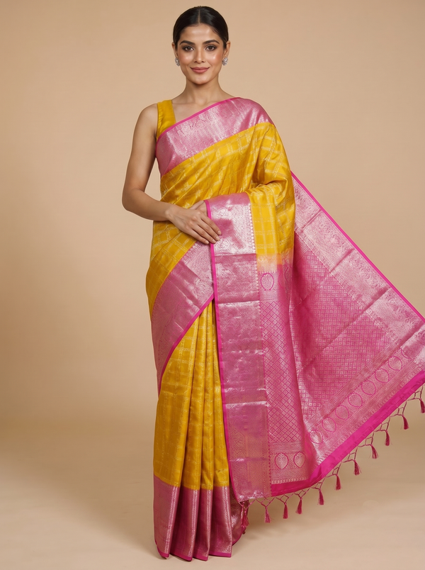 Mustard Yellow with Pink Kanchipuram Fancy Silk Saree