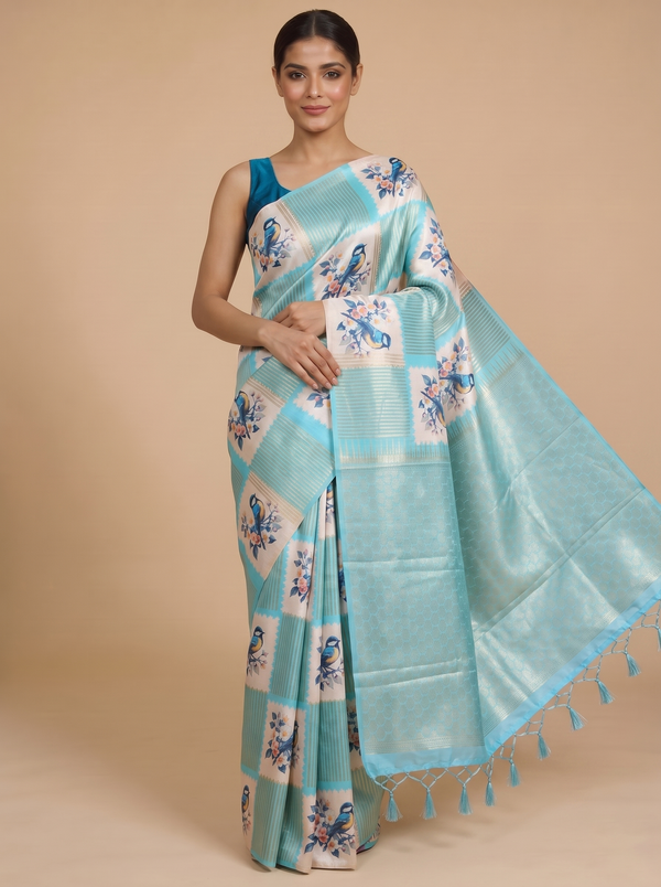The "Cyan Horizon blue and pastel cream " Bird Motif Semi-Tussar Saree