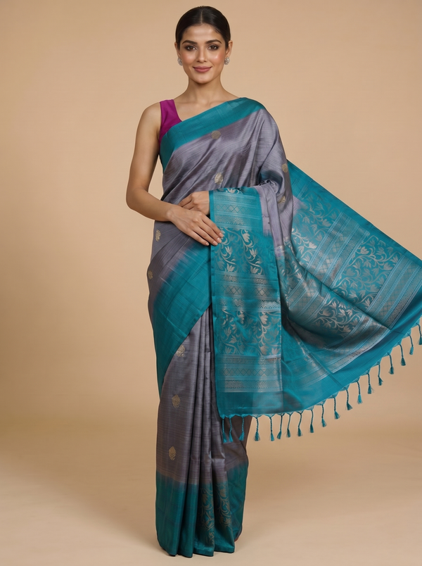Grey and Rama Green Pure Soft Silk Saree