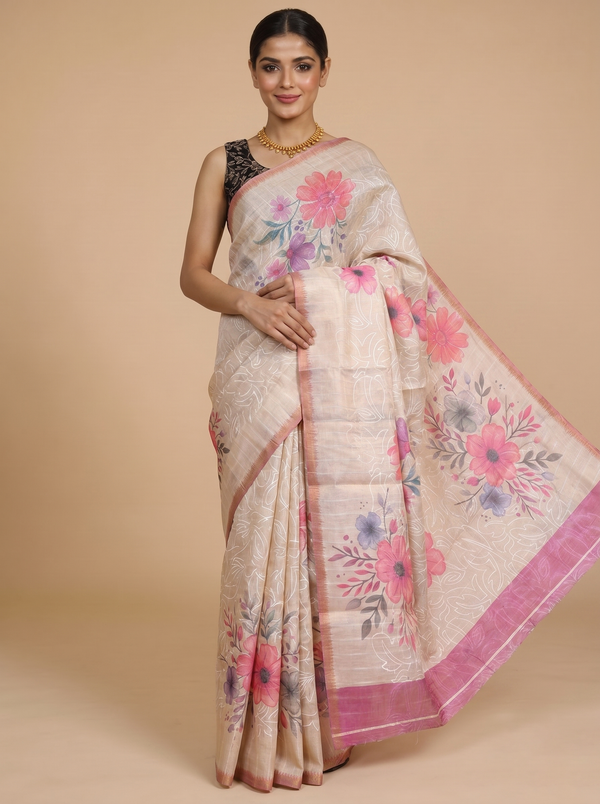 Beige with Pink - Linen Cotton Saree