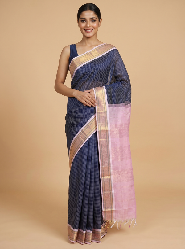 Elegant Navy Blue & Baby Pink Pure Silk Cotton Saree
