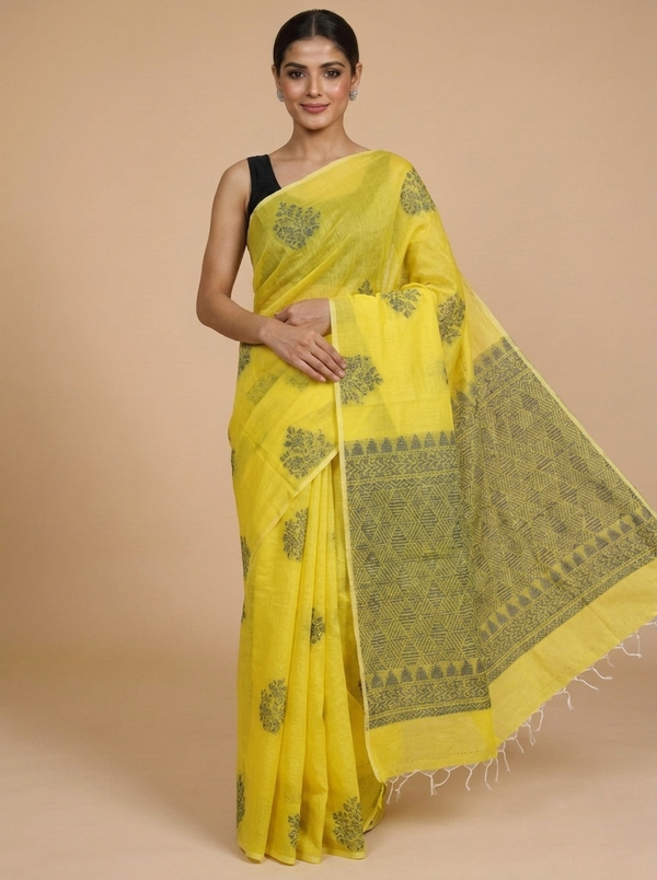 Yellow with Grey Munthi Silk Cotton Saree