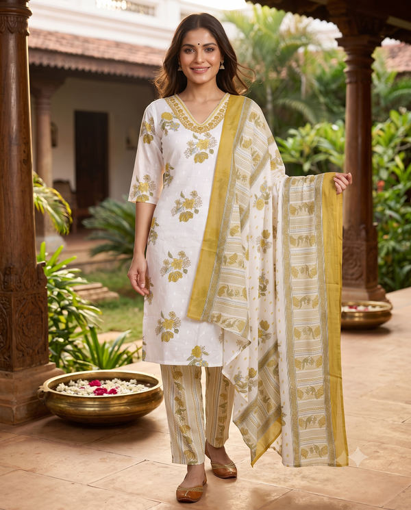White and Olive Green Floral Print Anarkali Kurti Set