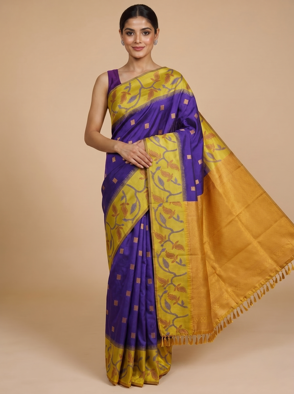 Purple and Golden-Yellow Fancy Silk Saree