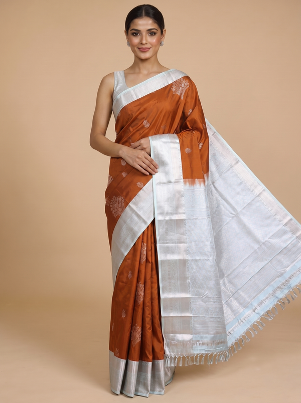 Rust Brown and Silver Kanchipuram Fancy Silk Saree