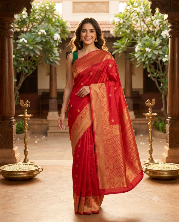 Scarlet Red with Golden Zari Pallu - Pure Kanchipuram Silk Saree