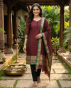 Maroon Chettinad Cotton Straight Cut Kurti Set