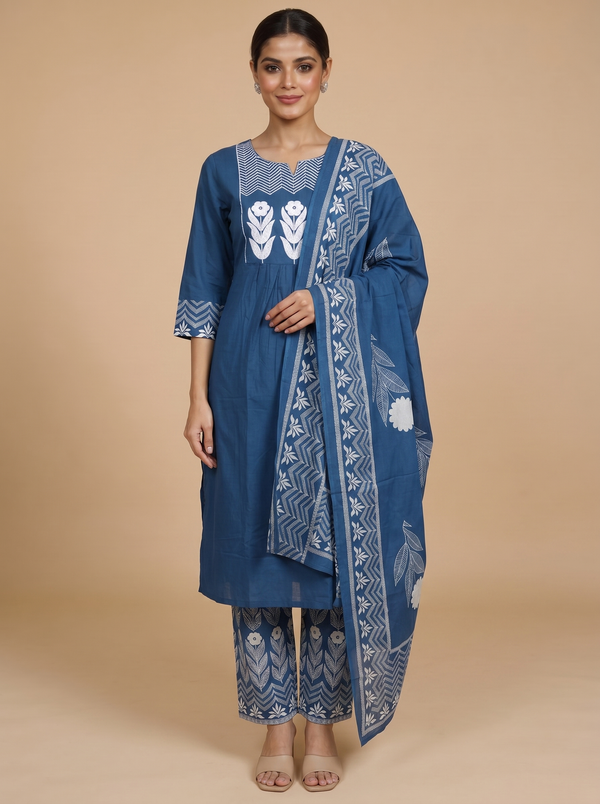 Indigo Blue with White Ready Made Salwar Suit