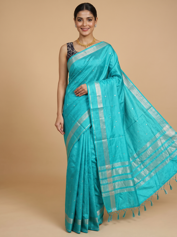 Firoza Blue with Silver - Semi Tussar Saree