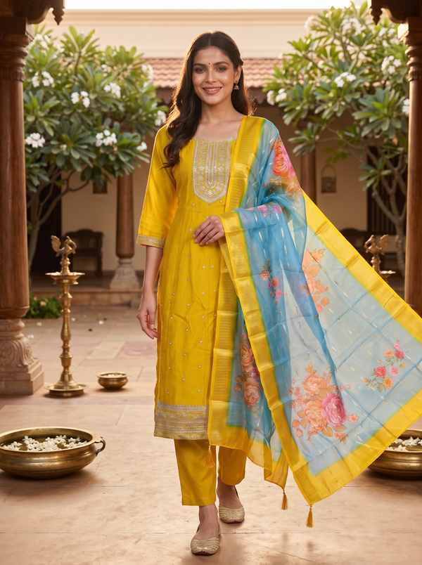 Mustard Yellow with Sky Blue Dupatta Anarkali Kurti Set