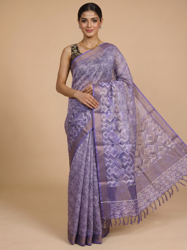 Lavender with Purple - Linen Cotton Saree