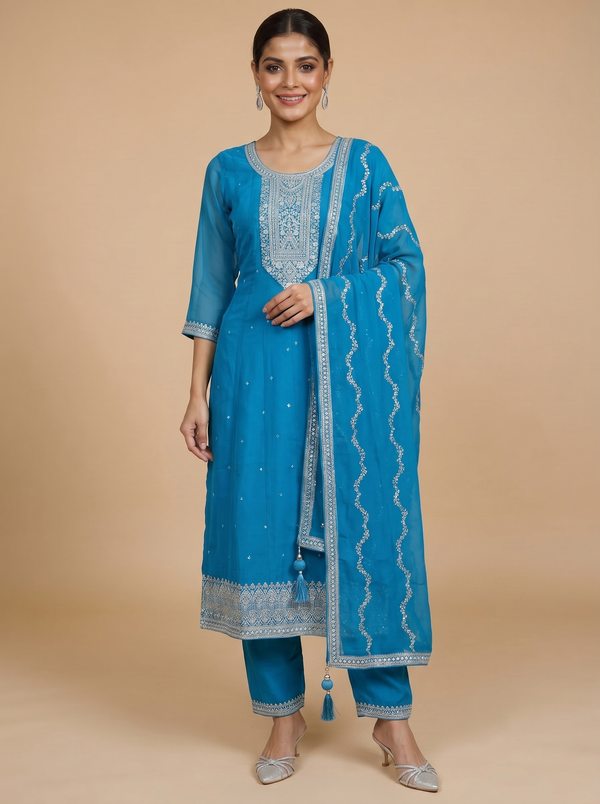 Teal Blue with Zari Ready Made Salwar Suit