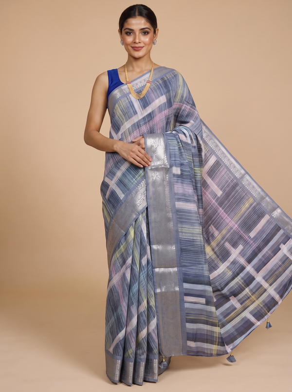 Steel Gray with Silver Zari Pallu - Semi Raw Silk Saree