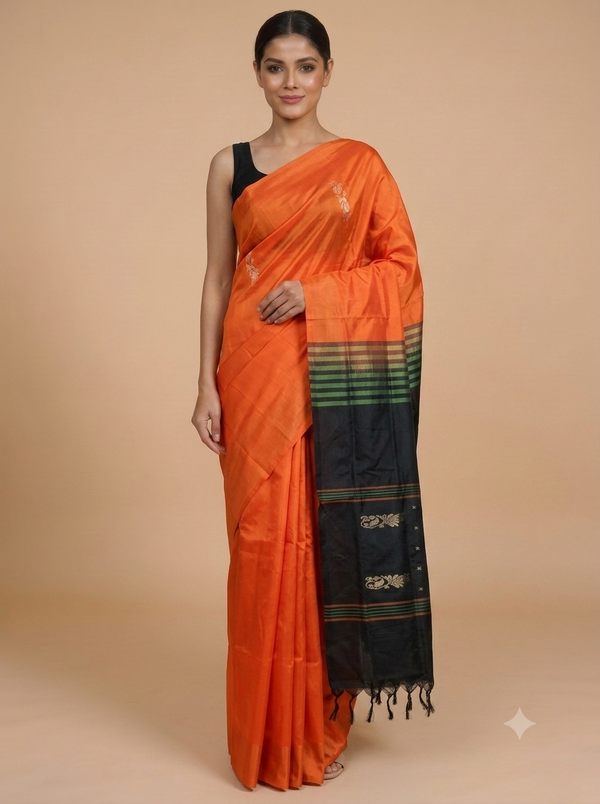 Orange and Black Banana Silk Sarees