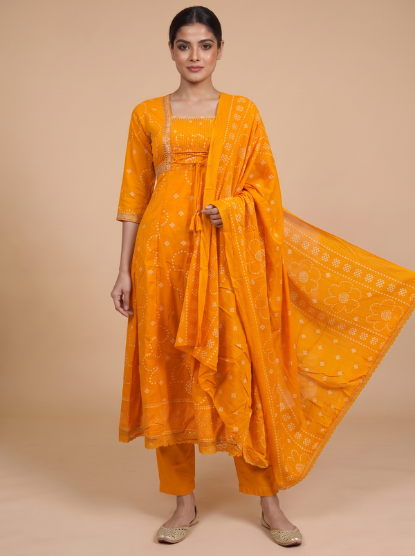 Mustard Yellow Dupatta Ready Made Anarkali Kurti Set