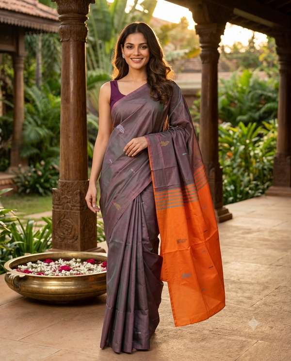 Grey and Orange Banana Silk Sarees