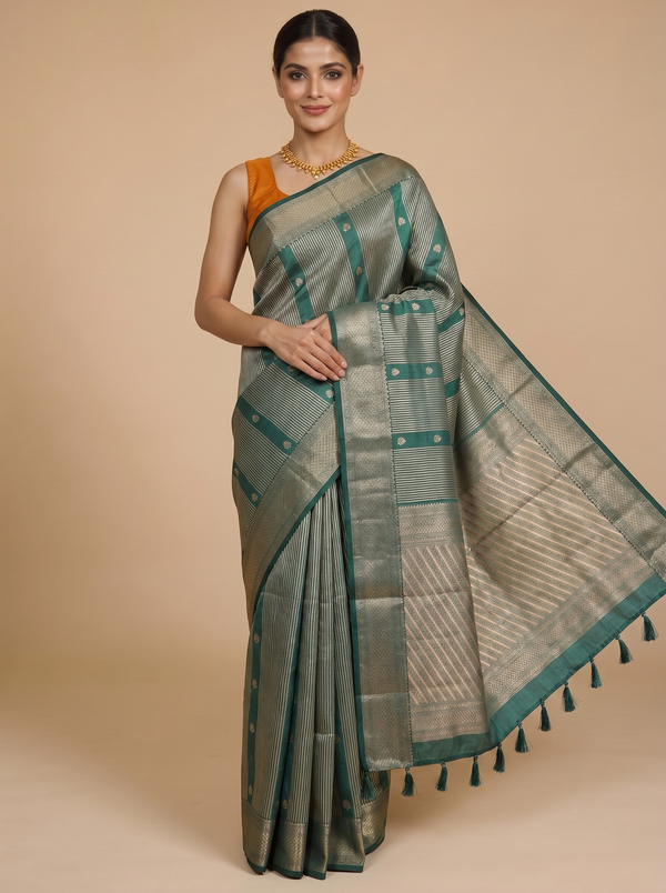 Emerald Green with Antique Gold - Semi Tussar Saree