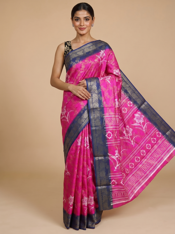Magenta with Navy Blue - Semi Tussar Saree