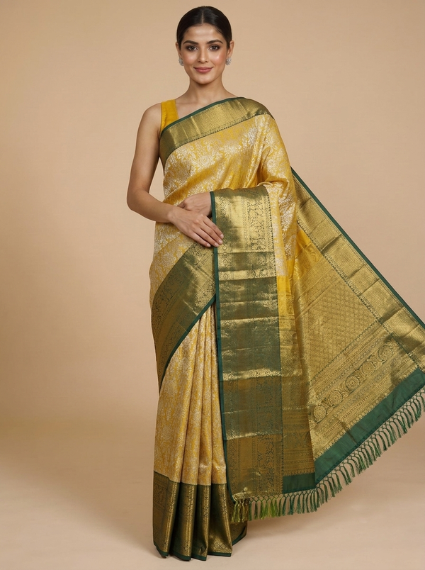 Yellow and Dark Green Kanchipuram Pure Mix Saree