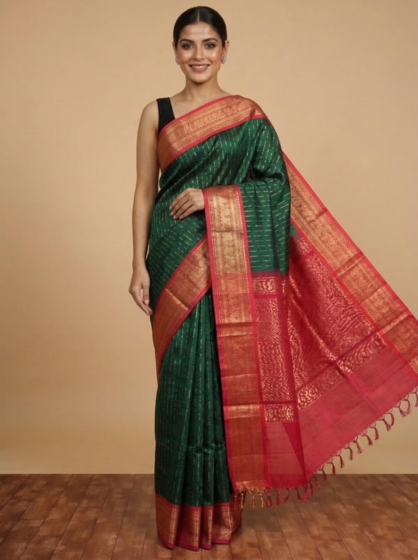Royal Bottle Green and Crimson Red Handloom Pure Silk Cotton Saree