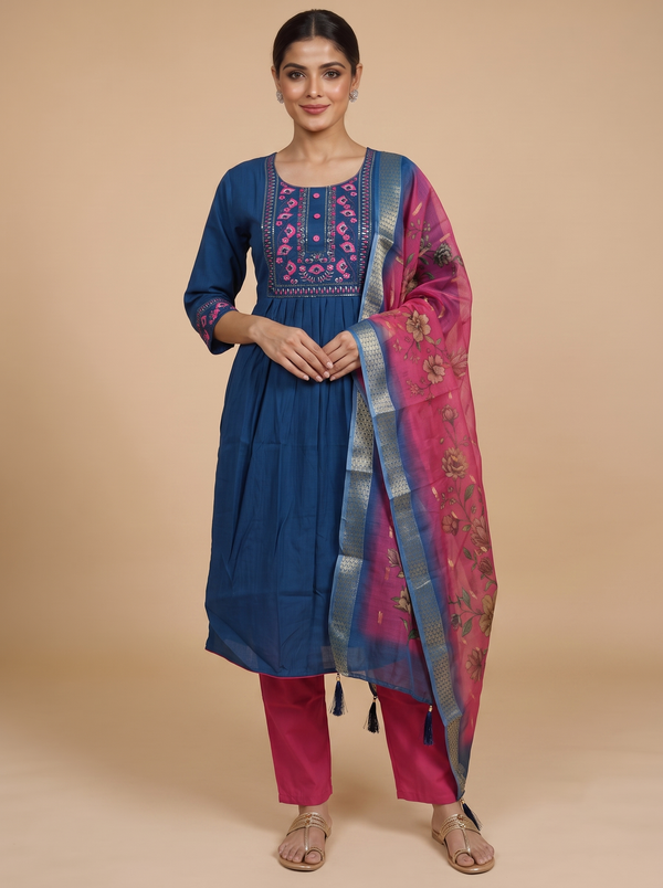 Teal Blue with Magenta Dupatta Anarkali Kurti Set