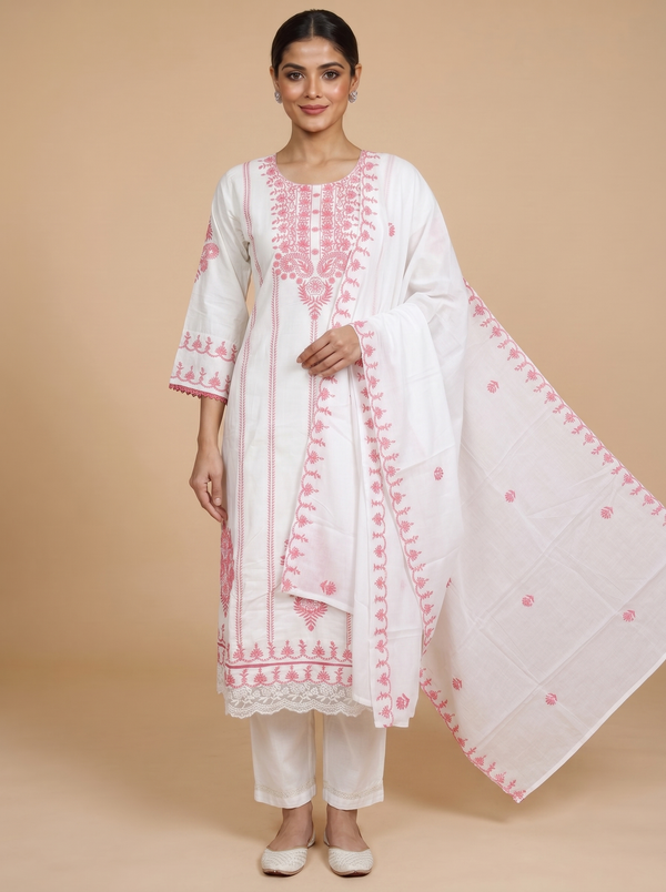 Off-White with Pink Dupatta Ready Made Umberella Cut Kurti Set