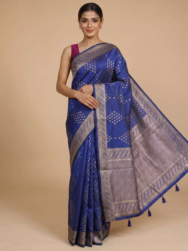 Royal Blue with Antique Silver Pallu - Semi Tussar Saree