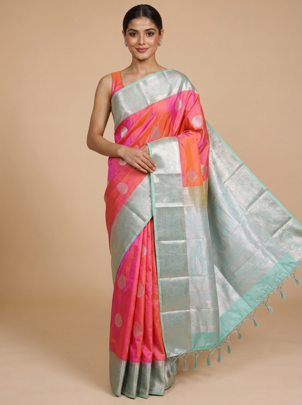 Pink with Pastel Green Kanchipuram Fancy Silk Saree