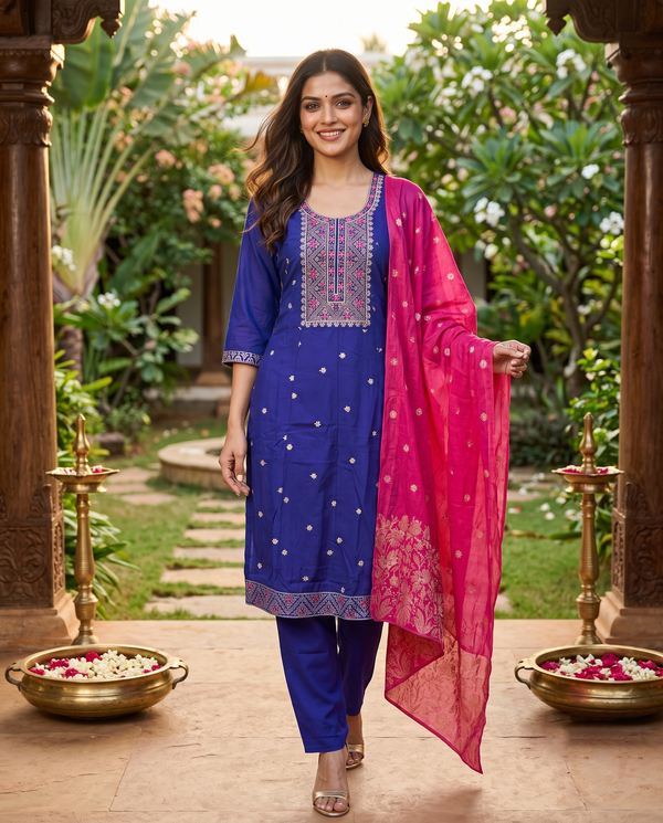 Purple with Pink Dupatta Anarkali Kurti Set