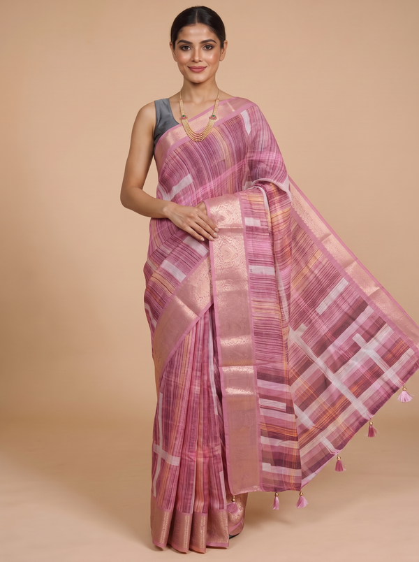Mauve Pink and Multi-Color Checked Saree with Golden Zari Pallu - Semi Raw Silk Saree