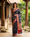 Navy Blue and Red Semi Raw Silk Saree